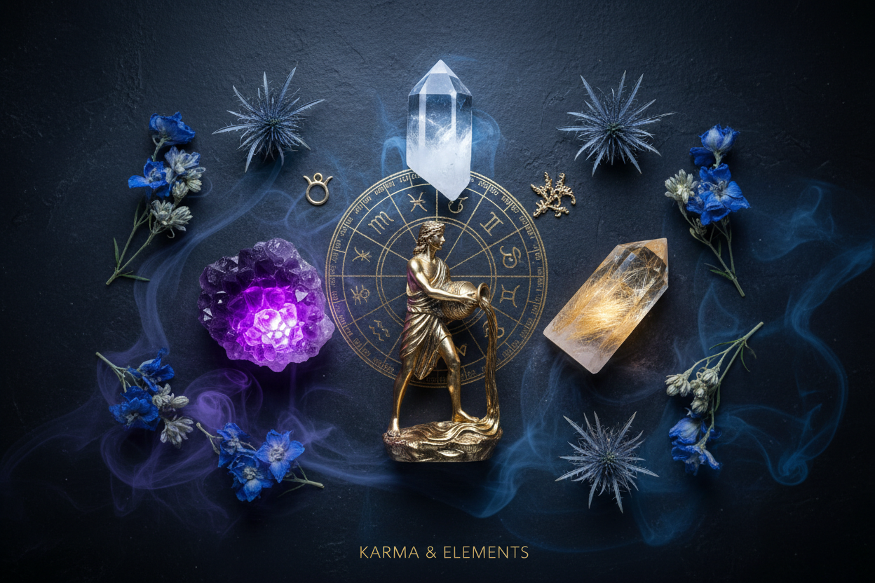 Aquarius zodiac sign personality love career lucky crystals amethyst clear quartz rutilated quartz — Karma & Elements