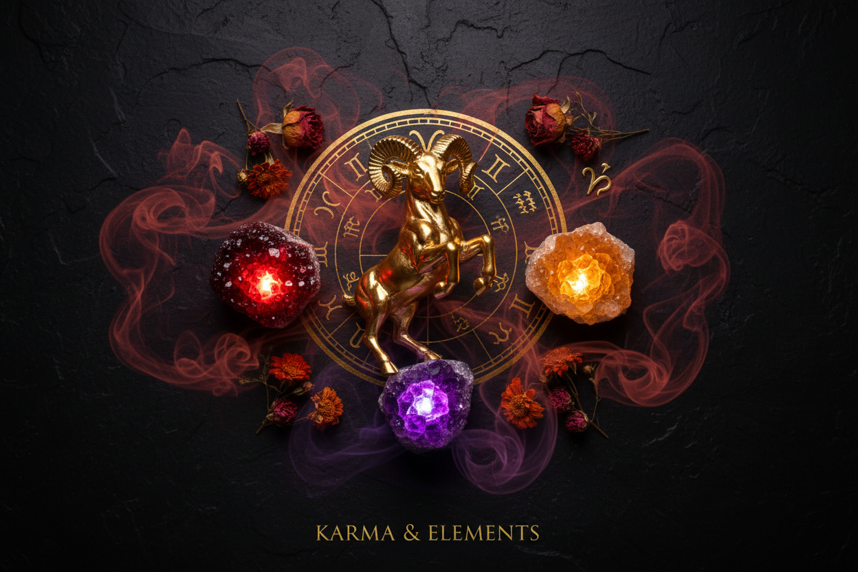 Aries zodiac sign personality love career lucky crystals garnet amethyst citrine — Karma & Elements