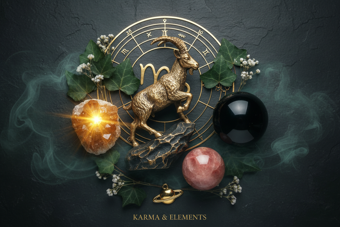 Capricorn zodiac sign personality love career lucky crystals citrine obsidian strawberry quartz — Karma & Elements