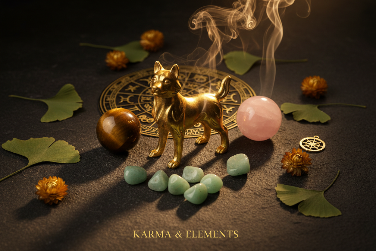 Chinese zodiac Dog personality love career 2026 Year of the Fire Horse crystals — Karma & Elements
