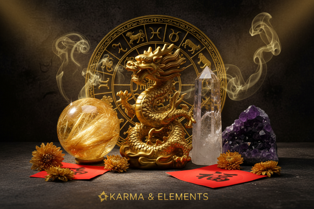 Chinese zodiac Dragon personality love career 2026 Year of the Fire Horse crystals — Karma & Elements