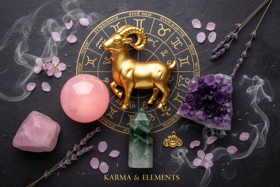 Chinese zodiac Goat personality love career 2026 Year of the Fire Horse crystals — Karma & Elements