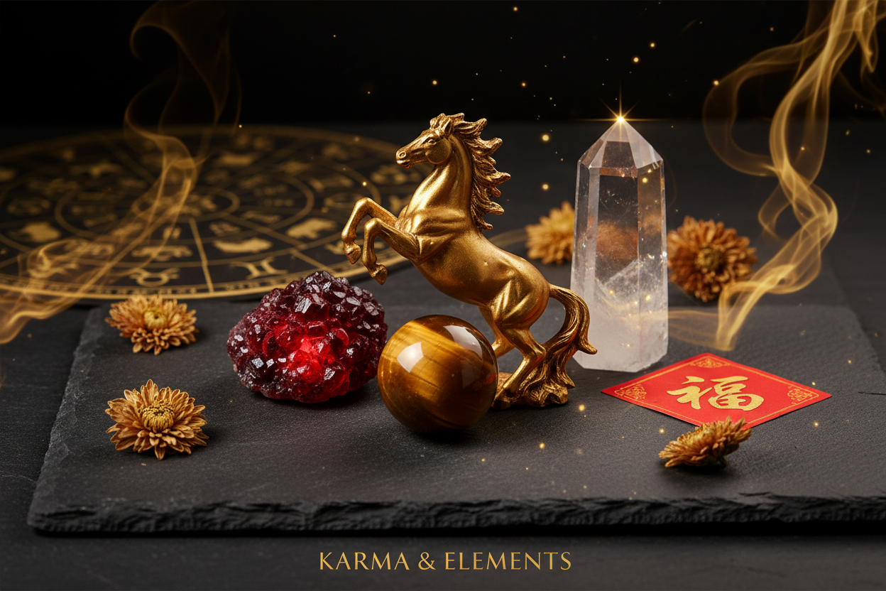 Chinese zodiac Horse personality love career 2026 Year of the Fire Horse crystals — Karma & Elements