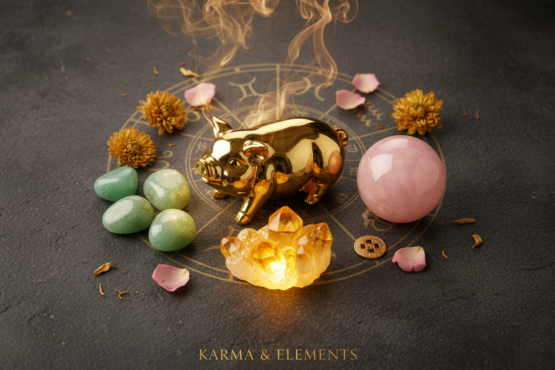 Chinese zodiac Pig personality love career 2026 Year of the Fire Horse crystals — Karma & Elements