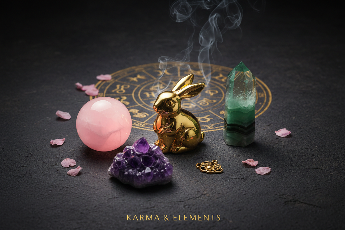 Chinese zodiac Rabbit personality love career 2026 Year of the Fire Horse crystals — Karma & Elements