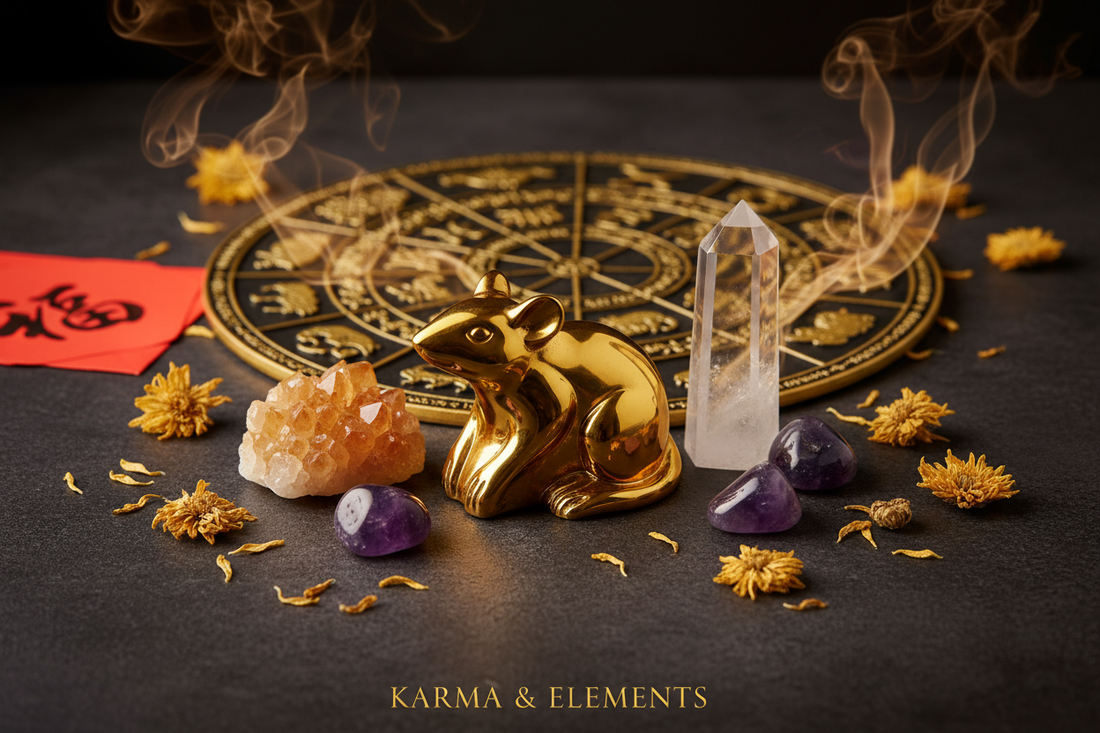 Chinese zodiac Rat personality love career 2026 Year of the Fire Horse crystals — Karma & Elements