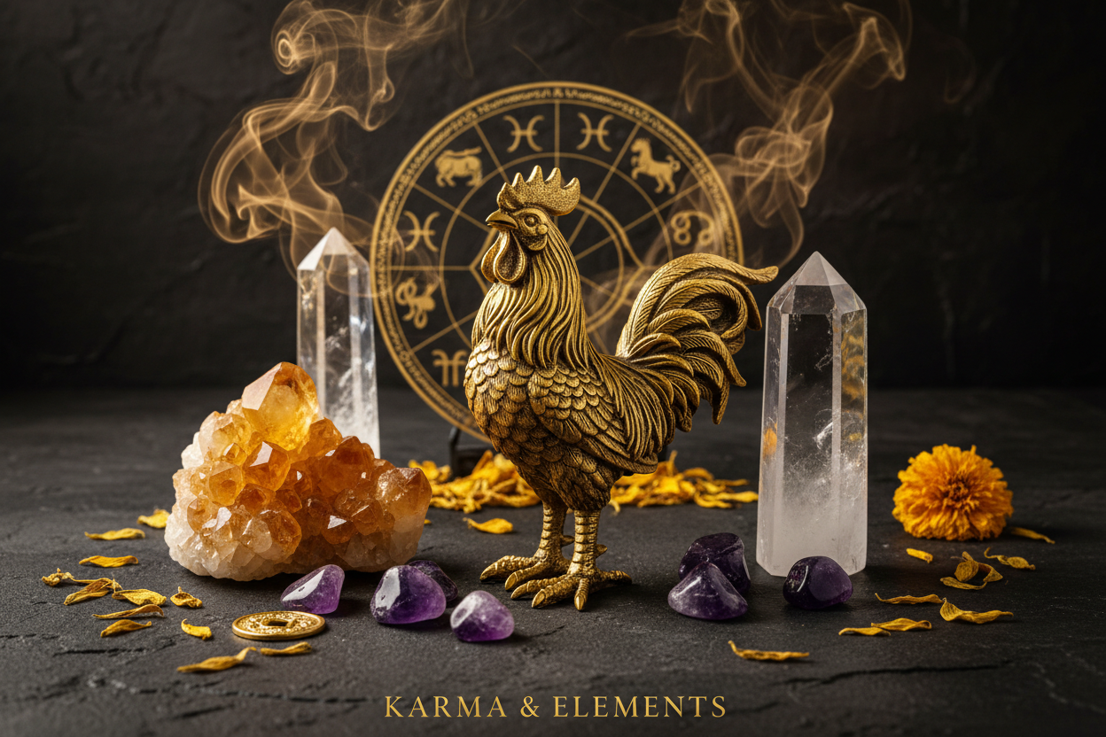 Chinese zodiac Rooster personality love career 2026 Year of the Fire Horse crystals — Karma & Elements