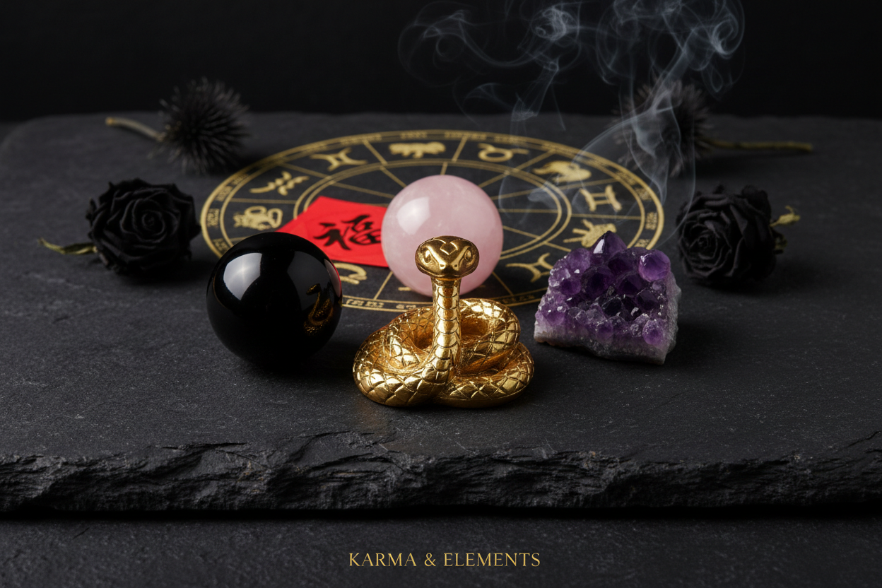 Chinese zodiac Snake personality love career 2026 Year of the Fire Horse crystals — Karma & Elements