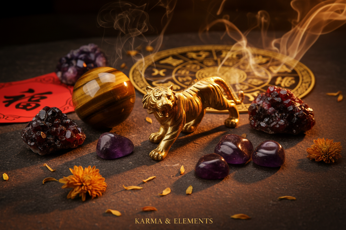 Chinese zodiac Tiger personality love career 2026 Year of the Fire Horse crystals — Karma & Elements