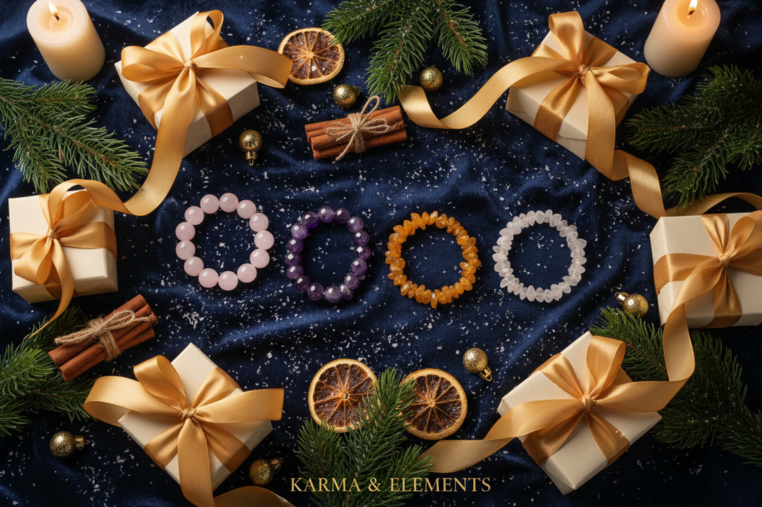 Crystal bracelets as Christmas gifts arranged with festive decorations — Karma & Elements