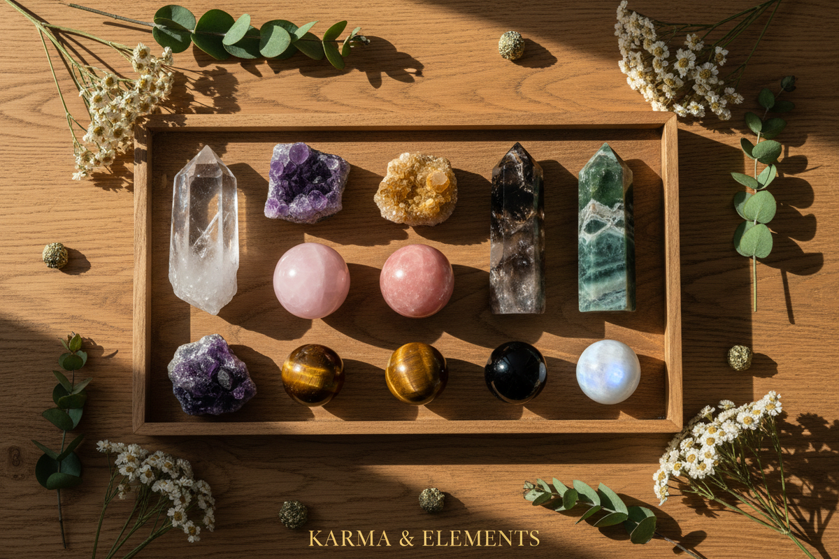 Complete crystal guide 12 essential crystals benefits intentions elements zodiac — Karma & Elements