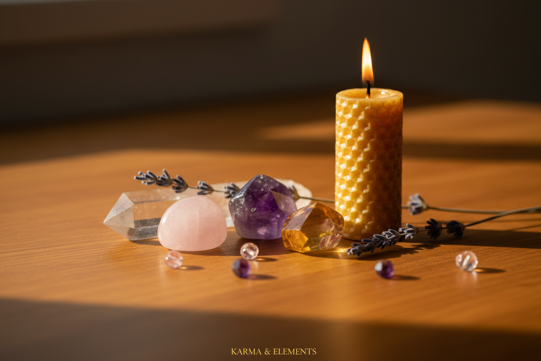 Polished healing crystals with a lit beeswax candle and dried lavender on a warm amber wooden surface — Karma & Elements