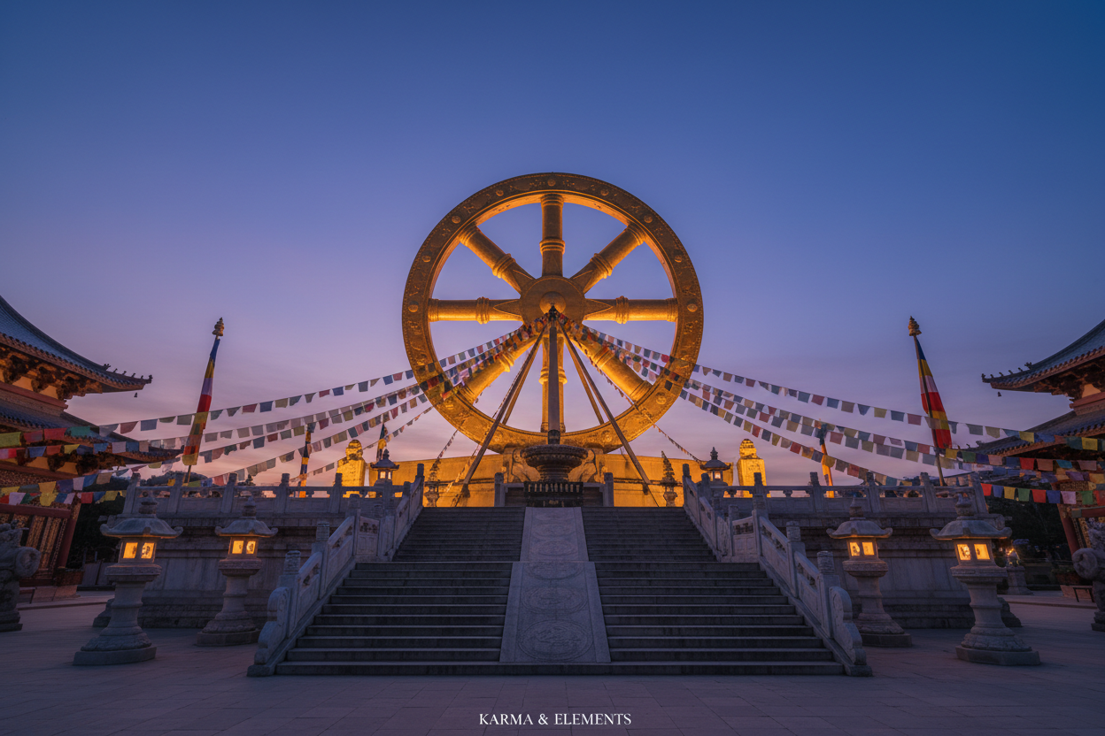  Golden Dharma Wheel glowing at a Buddhist temple at blue hour with prayer flags and lantern light — Karma & Elements