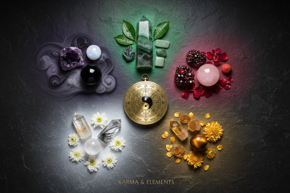 Feng shui Five Elements crystal guide all 12 crystals Wood Fire Earth Metal Water — Karma & Elements