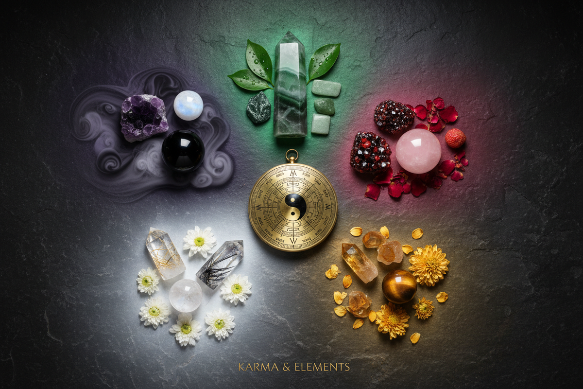 Feng shui Five Elements crystal guide all 12 crystals Wood Fire Earth Metal Water — Karma & Elements