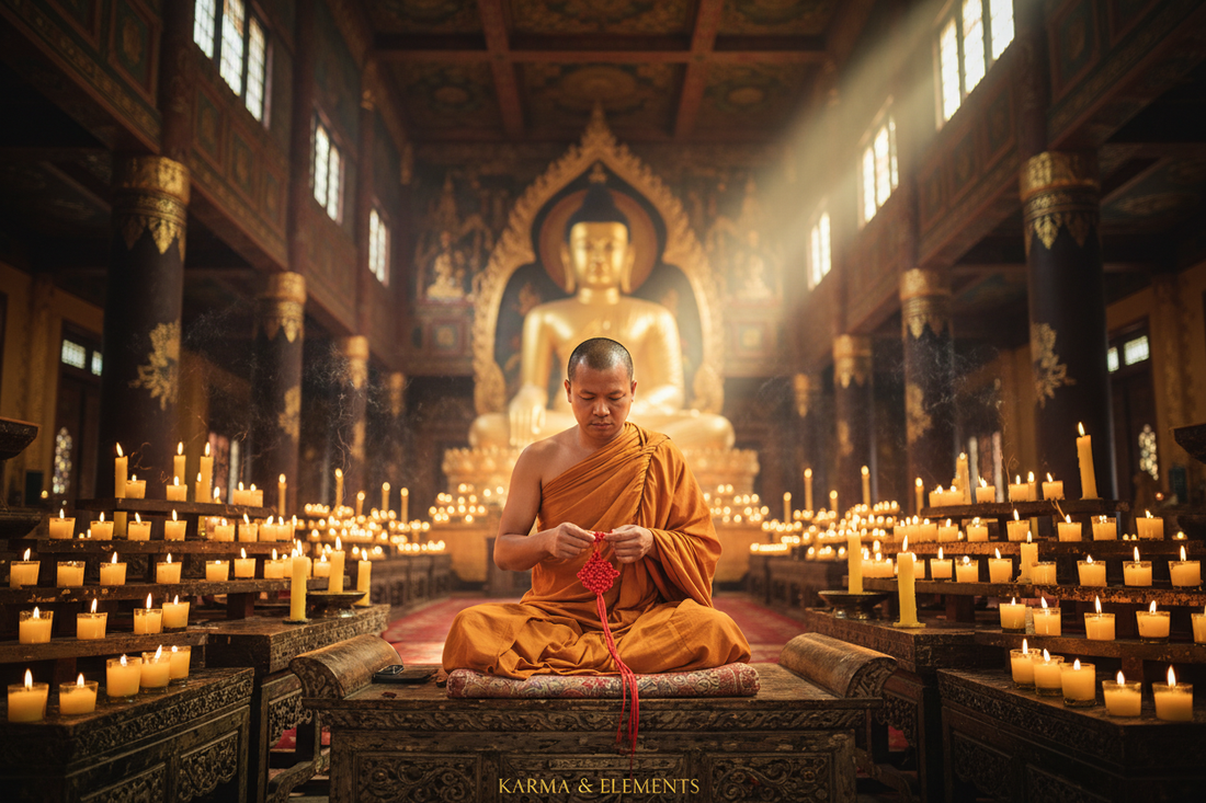 Buddhist monk in saffron robes tying a red blessing bracelet at a temple altar with butter lamps and golden light — Karma & Elements