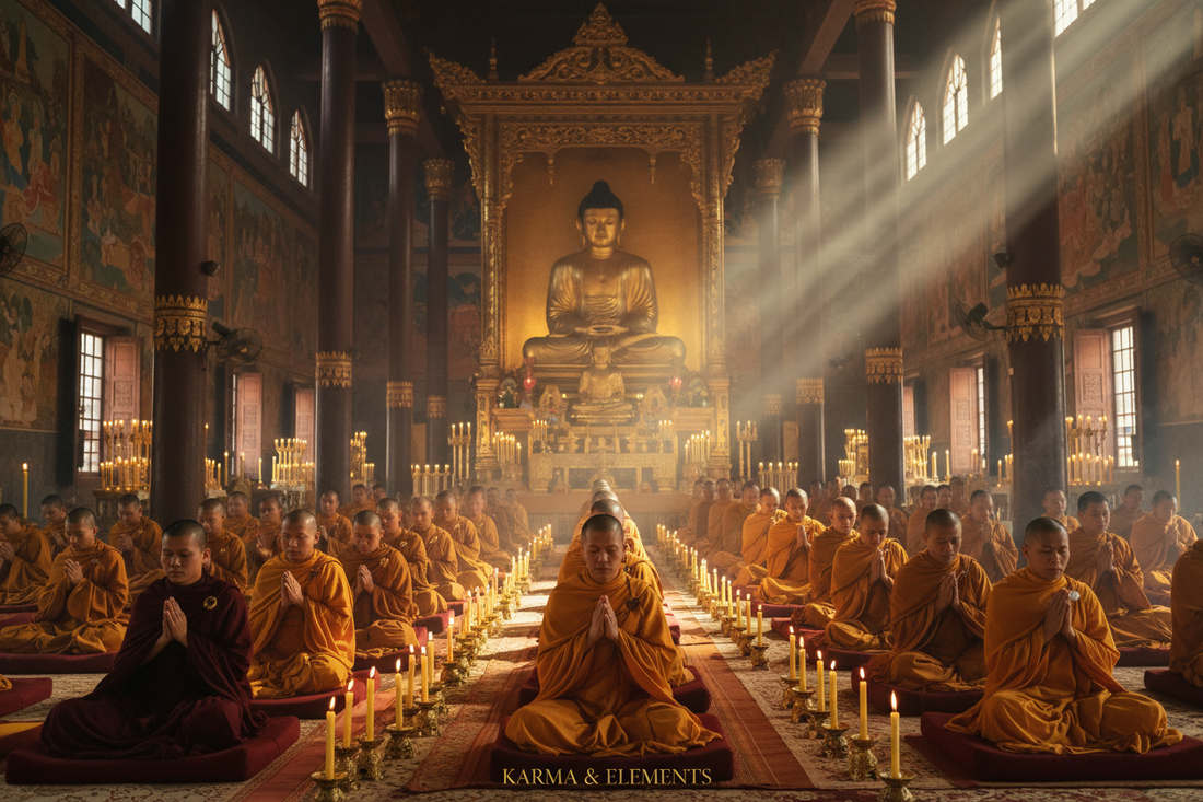 Buddhist monks in saffron robes chanting inside a golden temple hall with butter lamps and incense — Karma & Elements