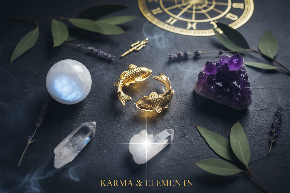 Pisces zodiac sign personality love career lucky crystals moonstone amethyst clear quartz — Karma & Elements