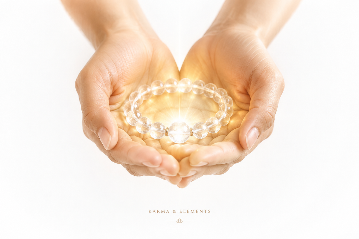 Pranic Energy Blessing — hands cradling a natural crystal bracelet — Karma & Elements