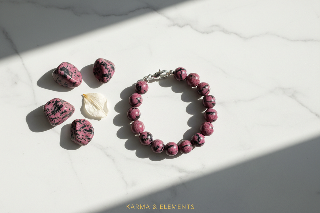 Rhodonite bracelet for forgiveness, inner wounds and emotional release — Karma & Elements