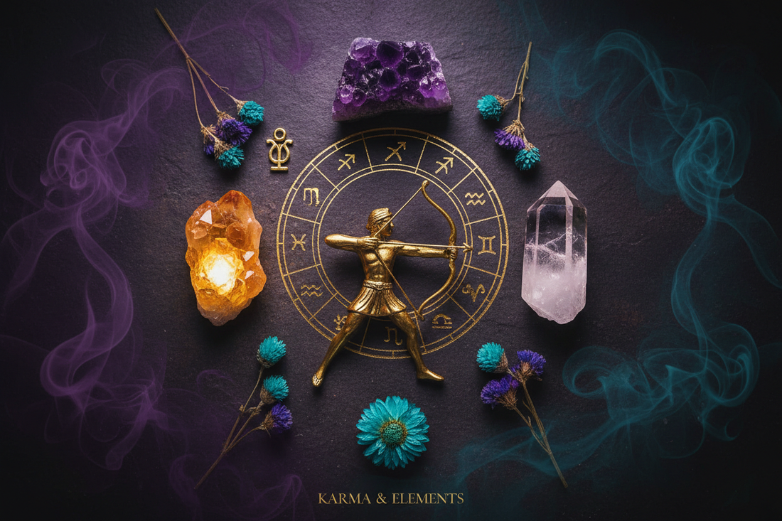 Sagittarius zodiac sign personality love career lucky crystals citrine phantom quartz amethyst — Karma & Elements