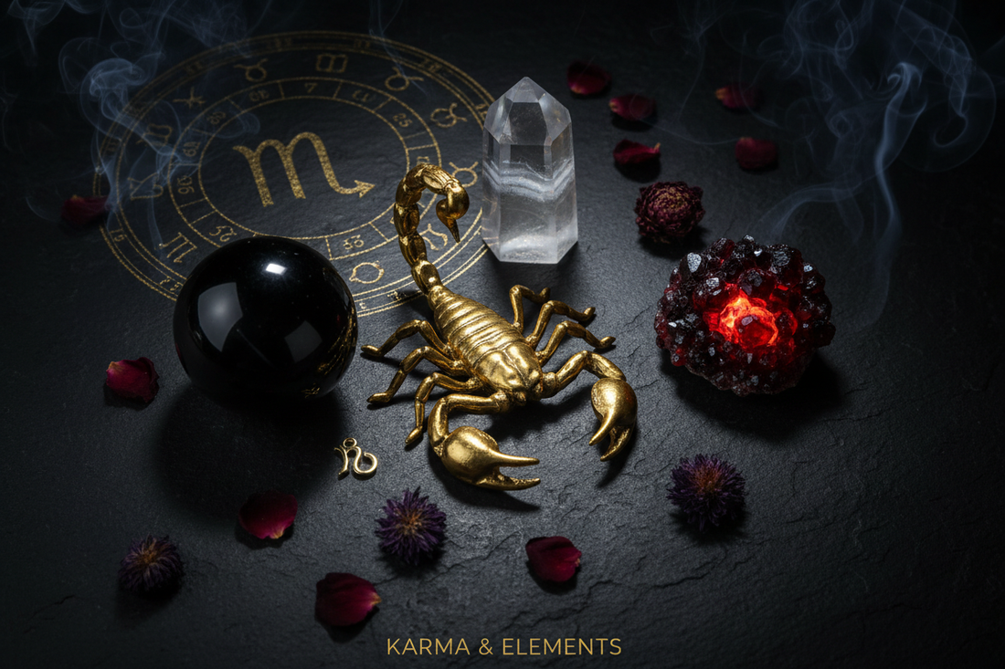 Scorpio zodiac sign personality love career lucky crystals obsidian garnet phantom quartz — Karma & Elements