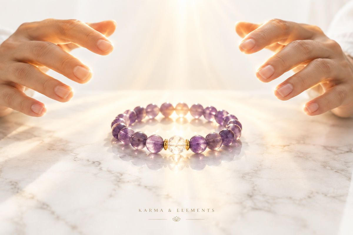 What is a Pranic Energy Blessing — crystal bracelet with golden energy light — Karma & Elements