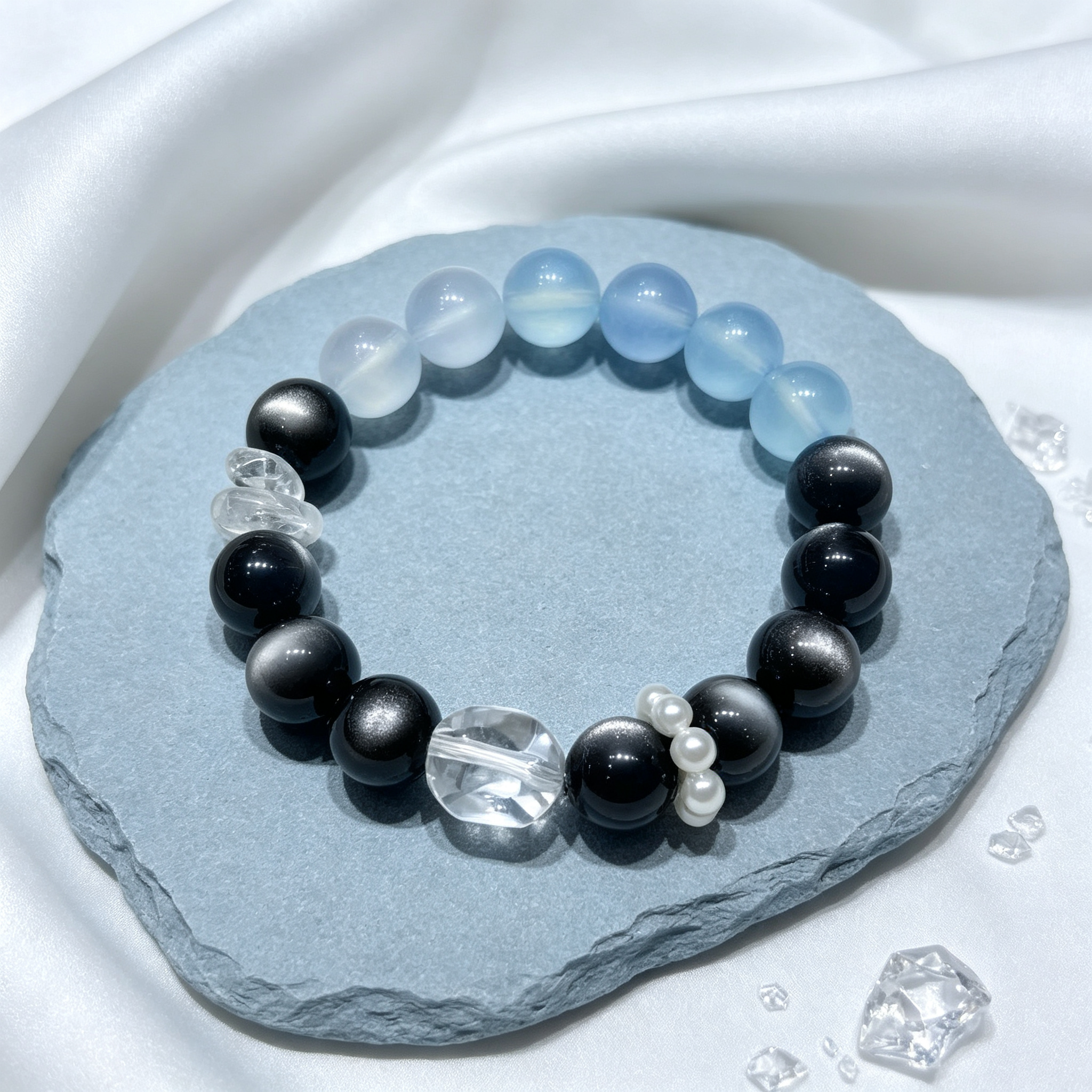 Aquamarine Silver Obsidian Bracelet | Protection Calm Wealth Crystal Bracelet