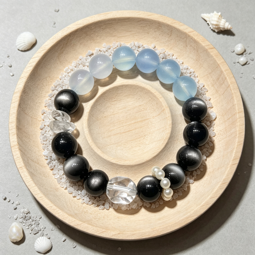 Aquamarine Silver Obsidian Bracelet | Protection Calm Wealth Crystal Bracelet