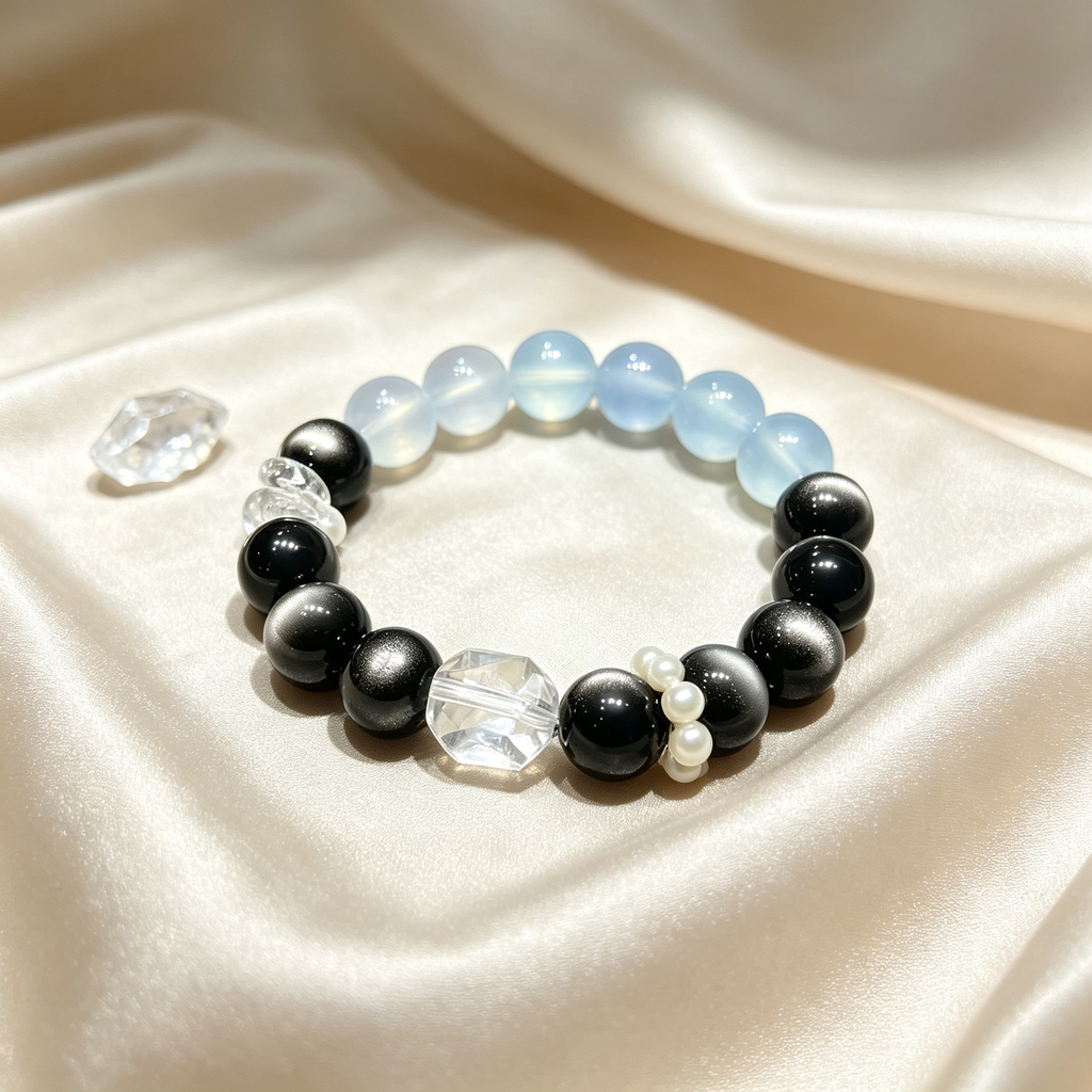 Aquamarine Silver Obsidian Bracelet | Protection Calm Wealth Crystal Bracelet