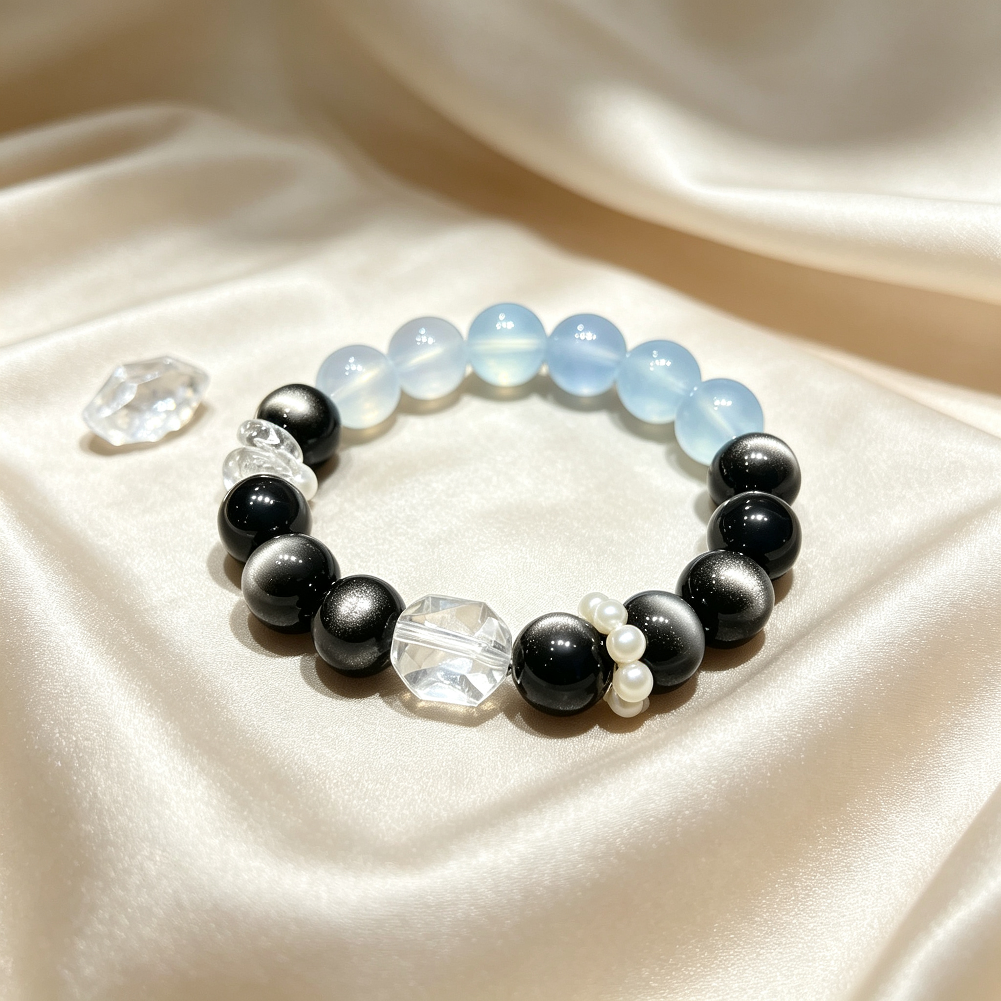 Aquamarine Silver Obsidian Bracelet | Protection Calm Wealth Crystal Bracelet