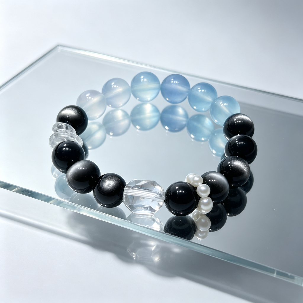Aquamarine Silver Obsidian Bracelet | Protection Calm Wealth Crystal Bracelet