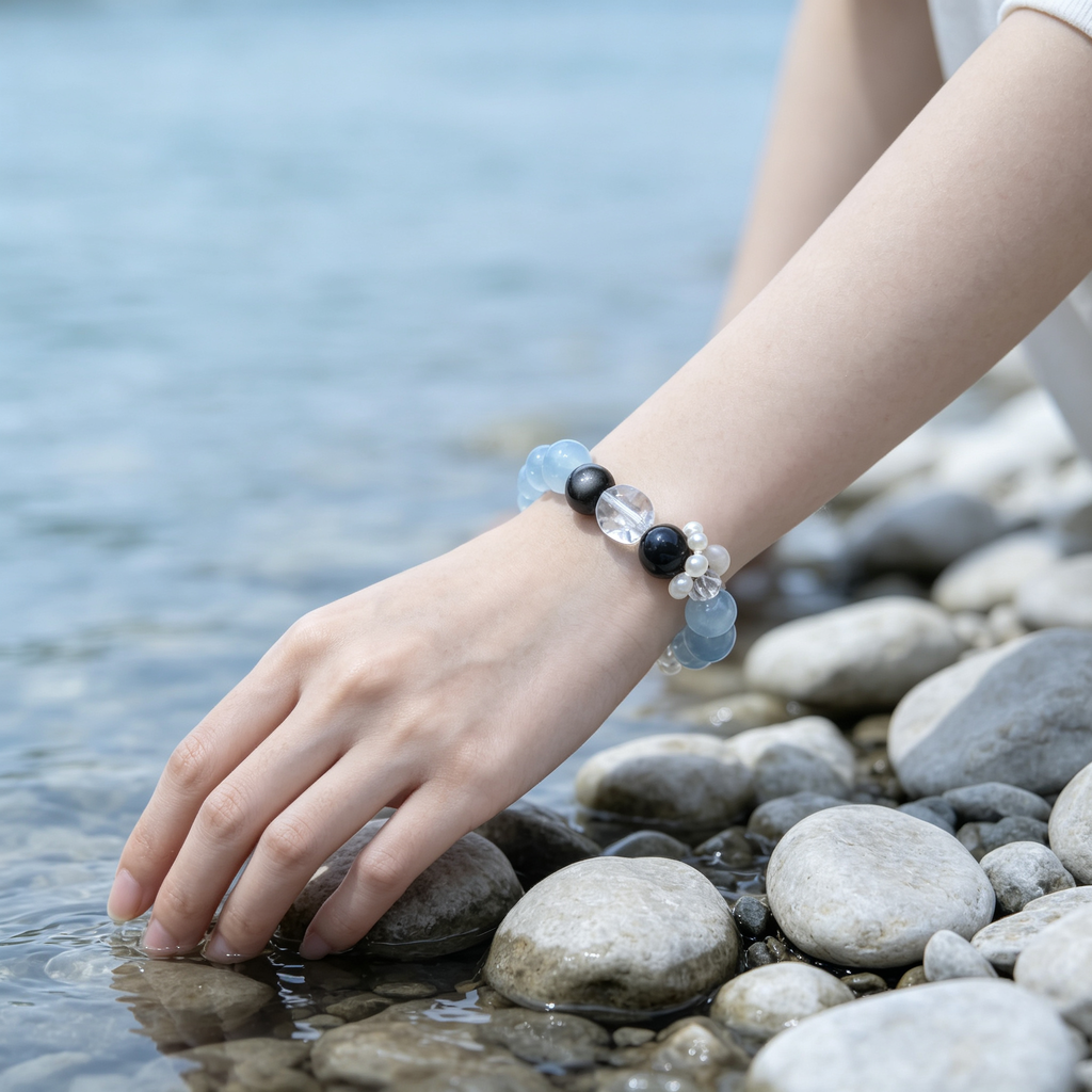Aquamarine Silver Obsidian Bracelet | Protection Calm Wealth Crystal Bracelet