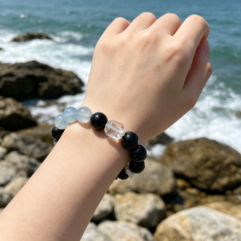 Aquamarine Silver Obsidian Bracelet | Protection Calm Wealth Crystal Bracelet