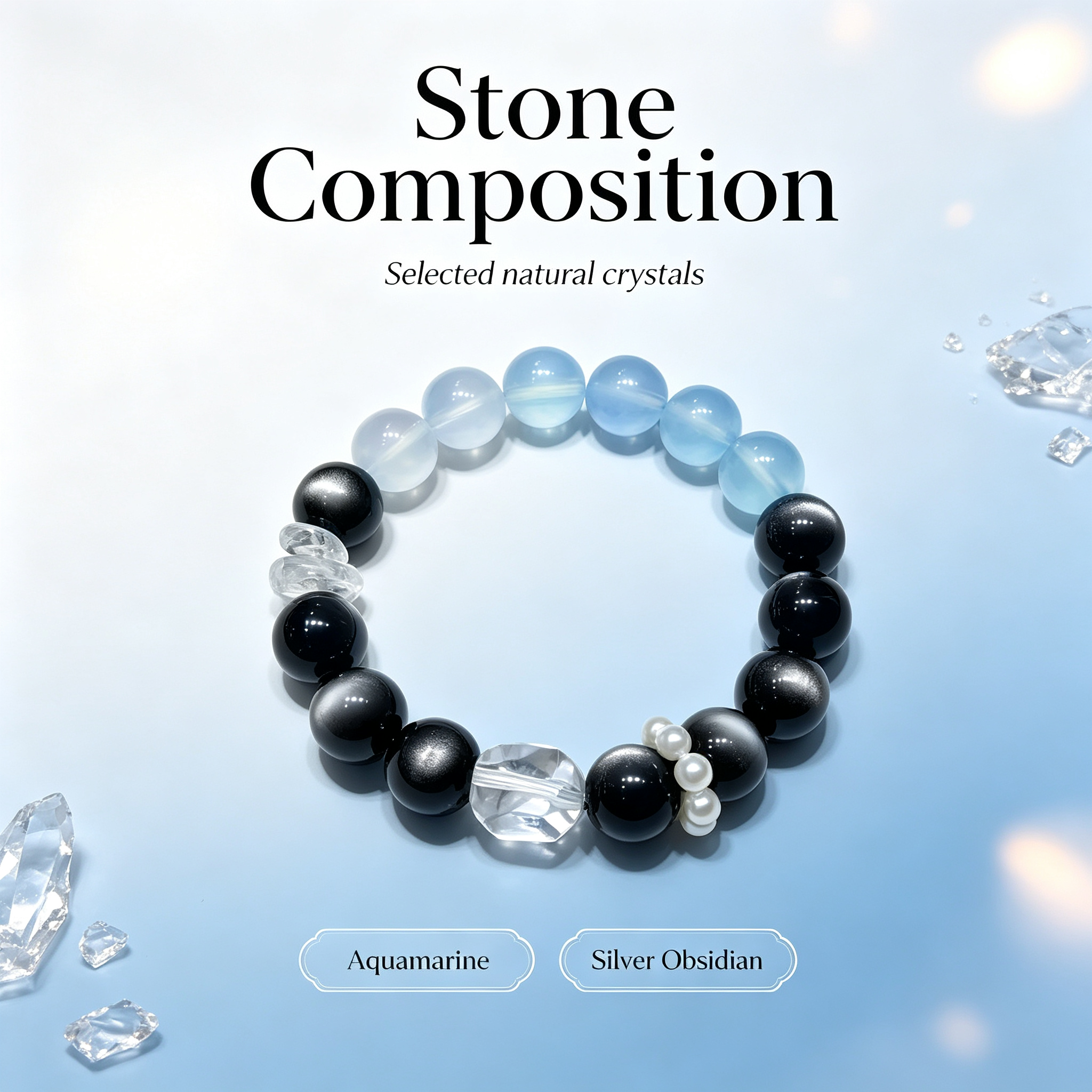 Aquamarine Silver Obsidian Bracelet | Protection Calm Wealth Crystal Bracelet