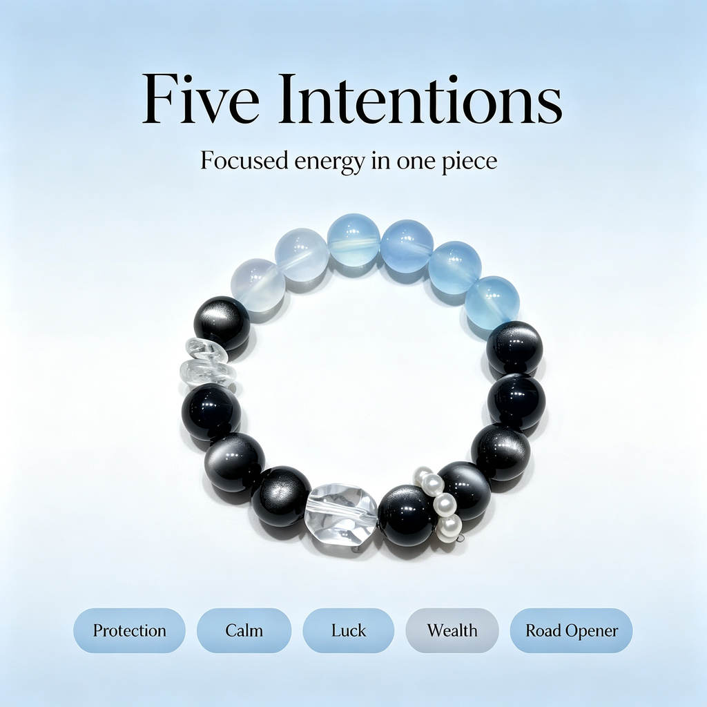 Aquamarine Silver Obsidian Bracelet | Protection Calm Wealth Crystal Bracelet