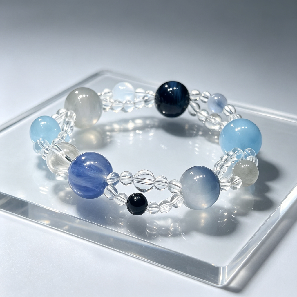 Blue Rutilated Quartz Mixed Crystal Bracelet | Aquamarine Kyanite Grey Moonstone Bracelet for Career & Calm