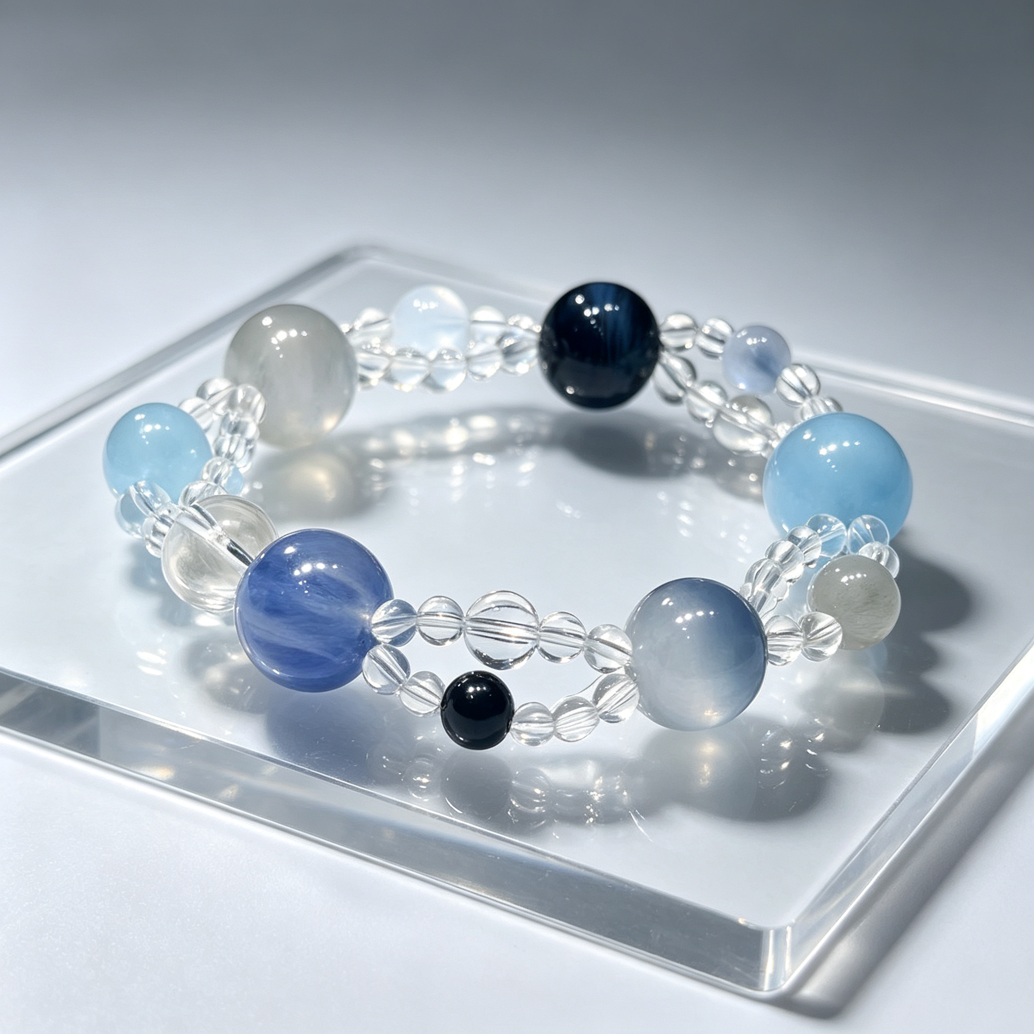 Blue Rutilated Quartz Mixed Crystal Bracelet | Aquamarine Kyanite Grey Moonstone Bracelet for Career & Calm