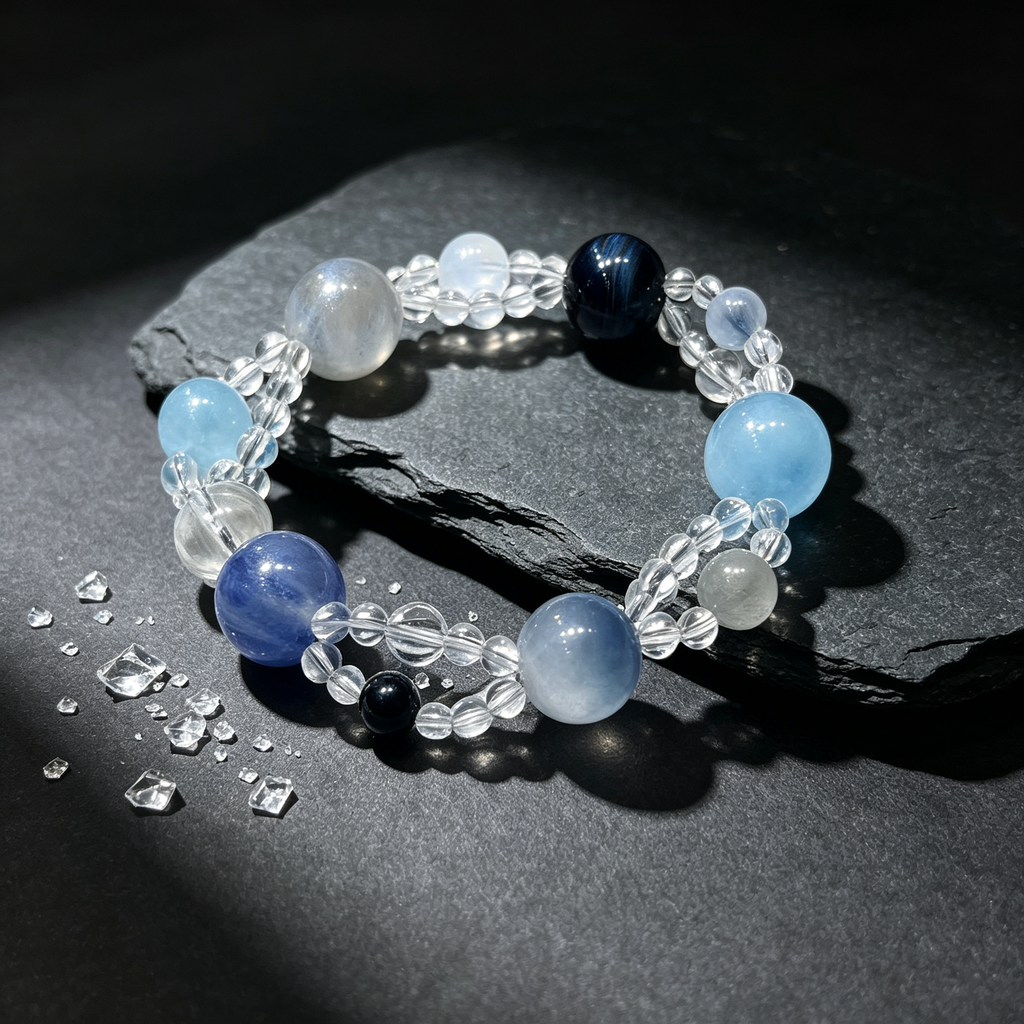 Blue Rutilated Quartz Mixed Crystal Bracelet | Aquamarine Kyanite Grey Moonstone Bracelet for Career & Calm