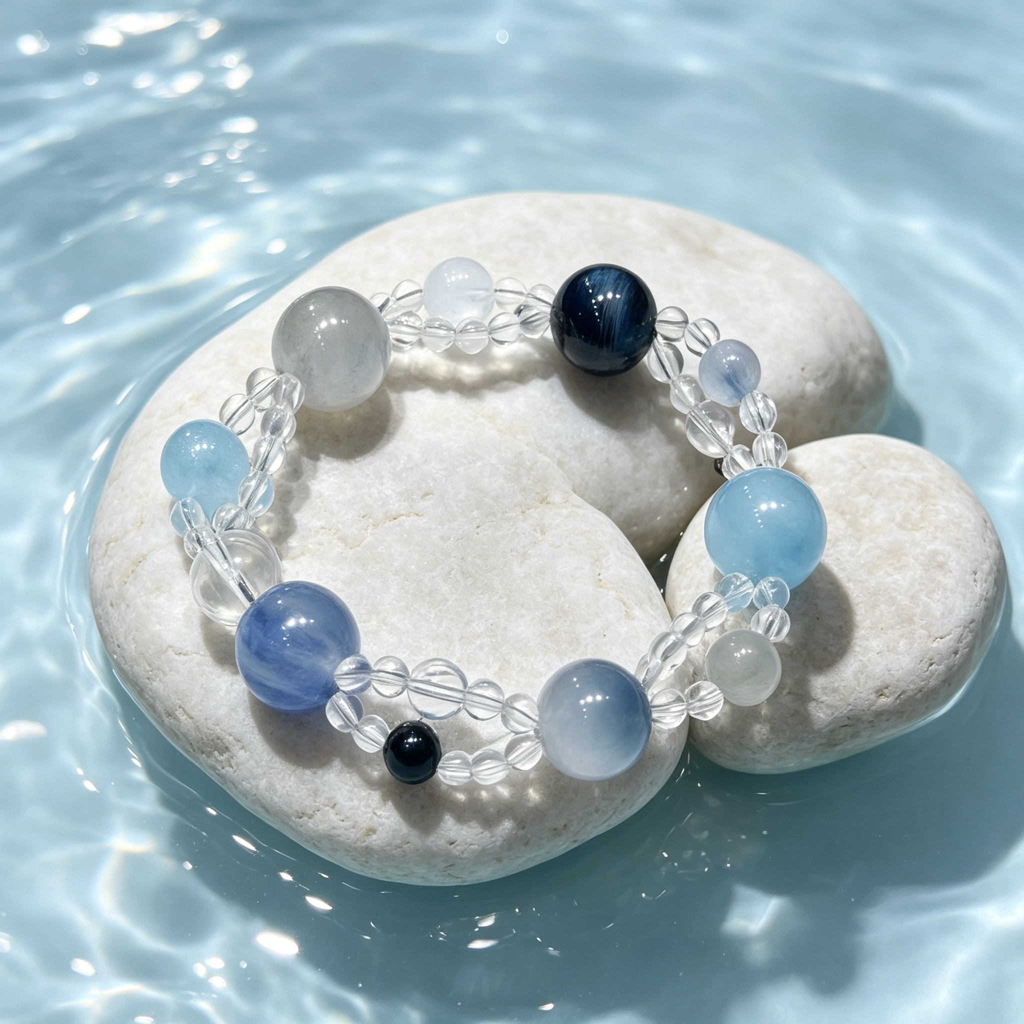 Blue Rutilated Quartz Mixed Crystal Bracelet | Aquamarine Kyanite Grey Moonstone Bracelet for Career & Calm