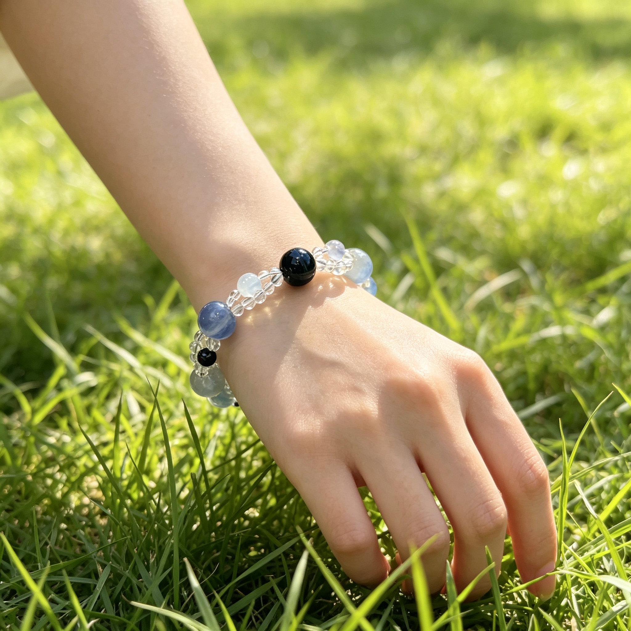 Blue Rutilated Quartz Mixed Crystal Bracelet | Aquamarine Kyanite Grey Moonstone Bracelet for Career & Calm