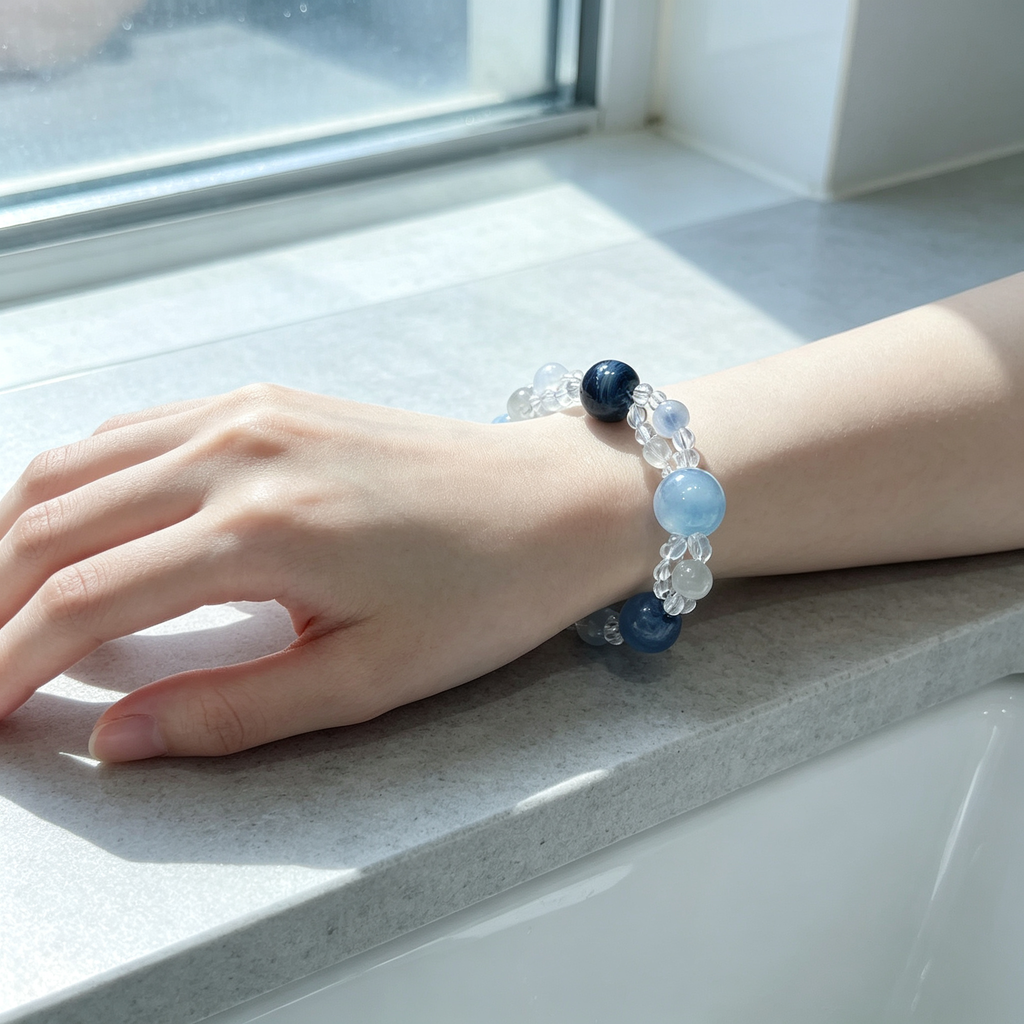 Blue Rutilated Quartz Mixed Crystal Bracelet | Aquamarine Kyanite Grey Moonstone Bracelet for Career & Calm
