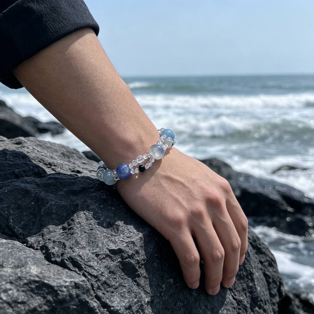 Blue Rutilated Quartz Mixed Crystal Bracelet | Aquamarine Kyanite Grey Moonstone Bracelet for Career & Calm
