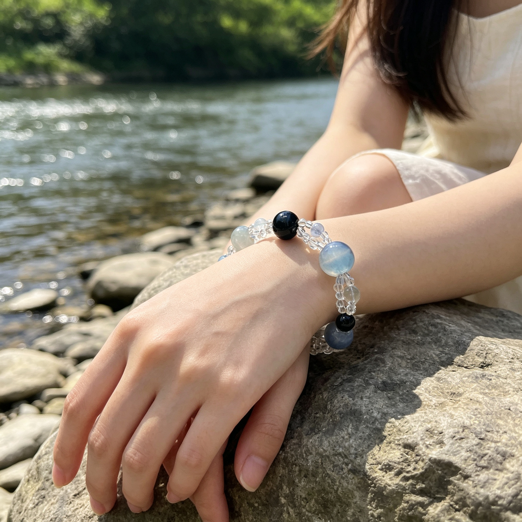 Blue Rutilated Quartz Mixed Crystal Bracelet | Aquamarine Kyanite Grey Moonstone Bracelet for Career & Calm