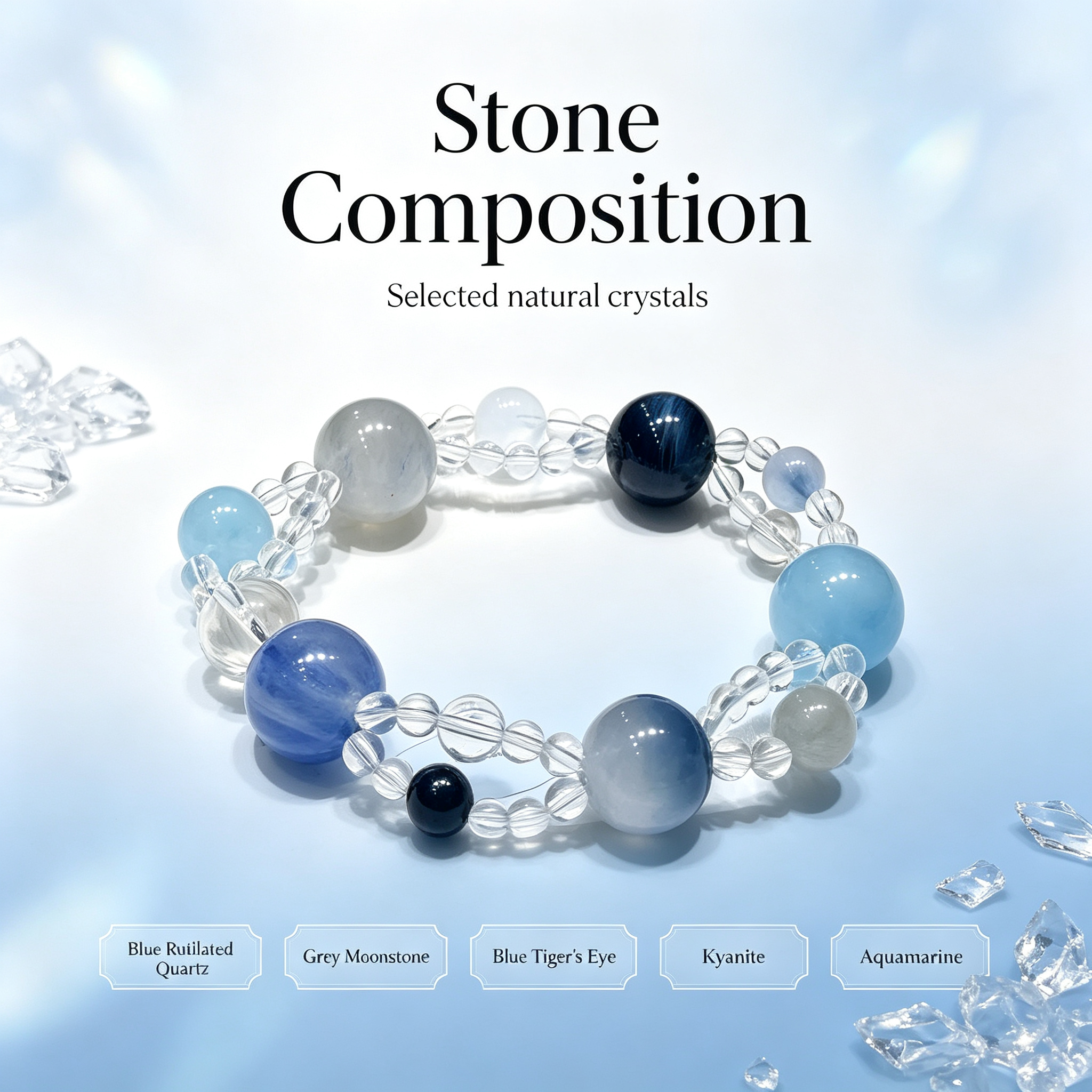Blue Rutilated Quartz Mixed Crystal Bracelet | Aquamarine Kyanite Grey Moonstone Bracelet for Career & Calm