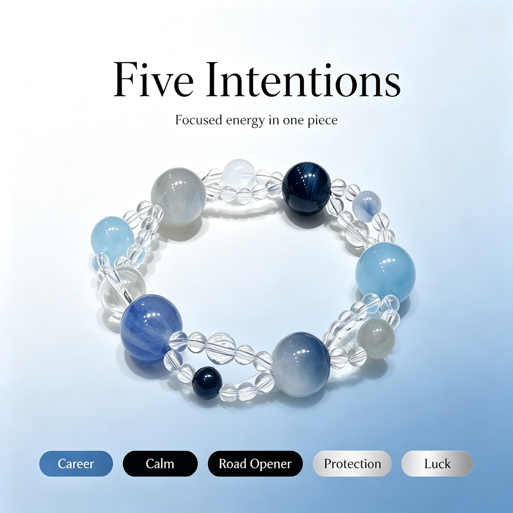 Blue Rutilated Quartz Mixed Crystal Bracelet | Aquamarine Kyanite Grey Moonstone Bracelet for Career & Calm