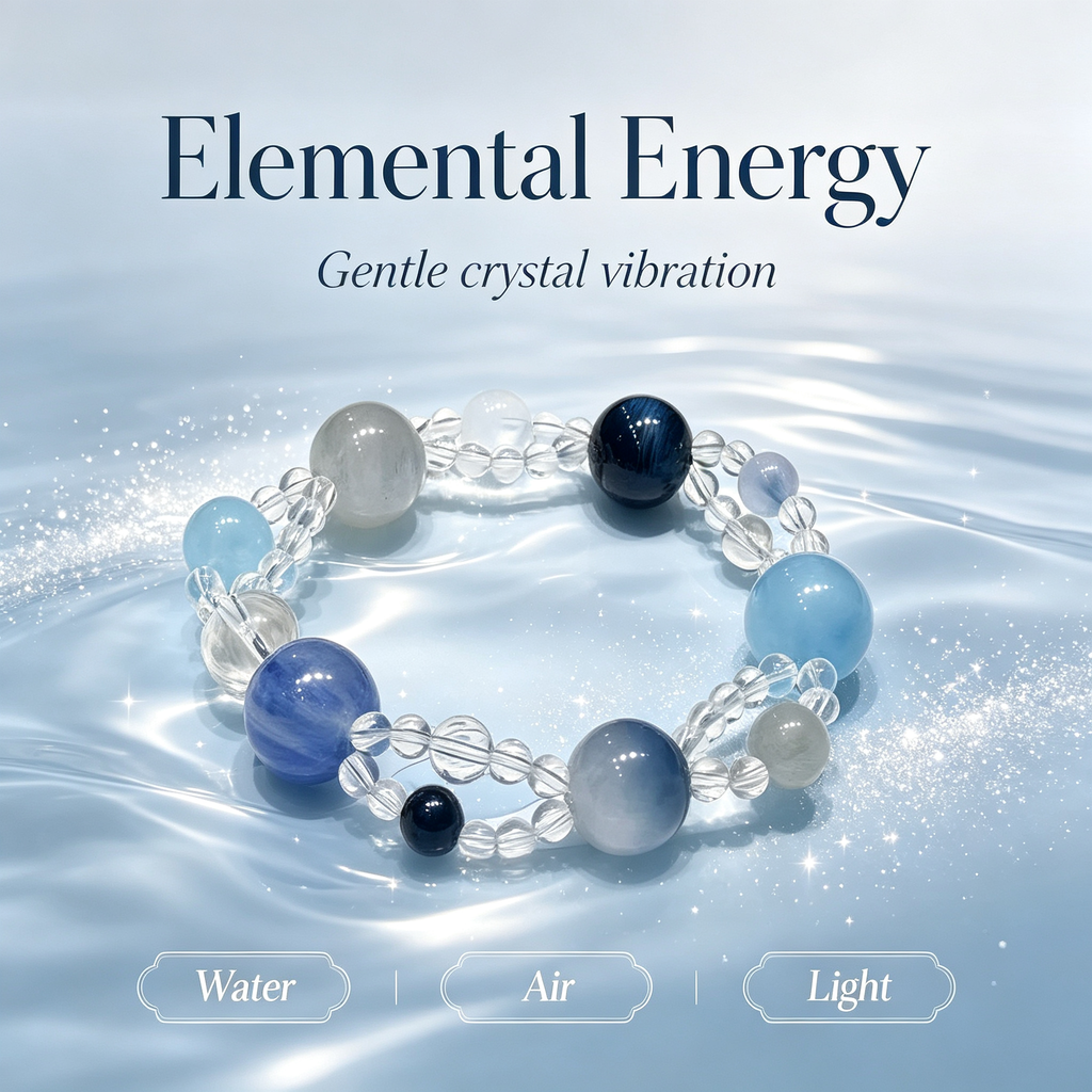 Blue Rutilated Quartz Mixed Crystal Bracelet | Aquamarine Kyanite Grey Moonstone Bracelet for Career & Calm