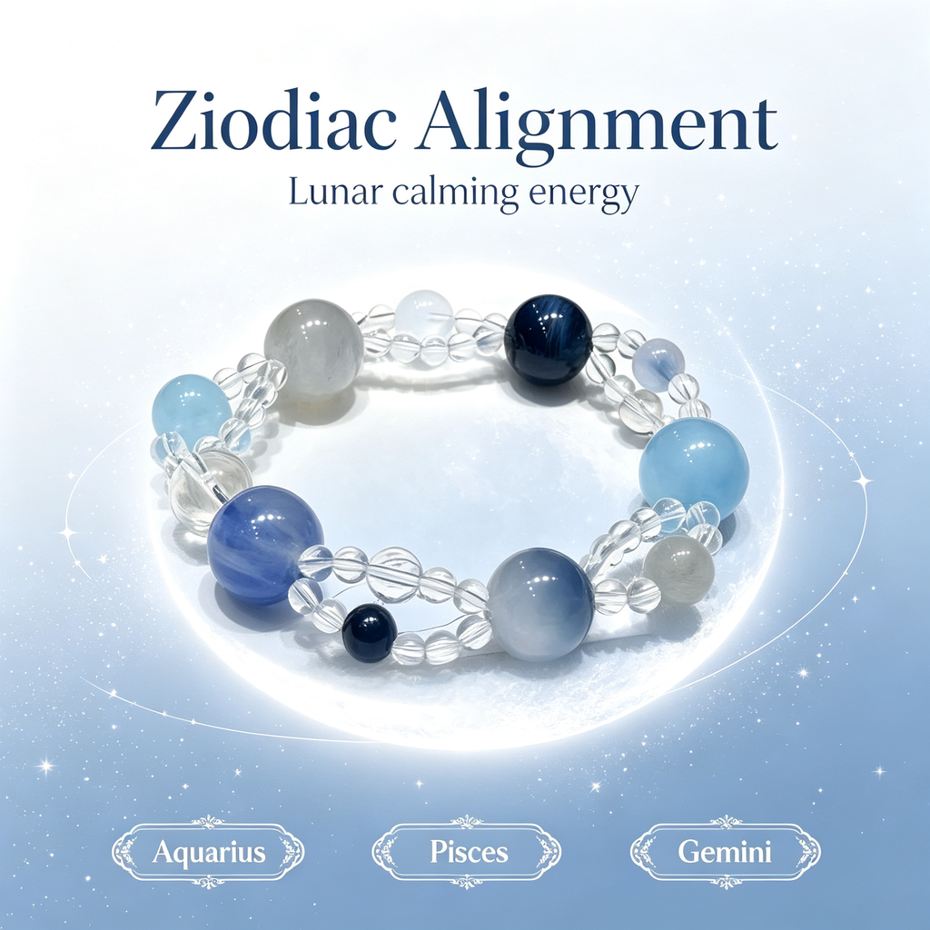 Blue Rutilated Quartz Mixed Crystal Bracelet | Aquamarine Kyanite Grey Moonstone Bracelet for Career & Calm