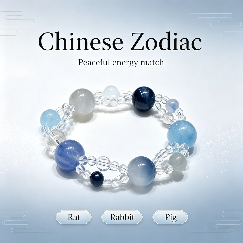 Blue Rutilated Quartz Mixed Crystal Bracelet | Aquamarine Kyanite Grey Moonstone Bracelet for Career & Calm