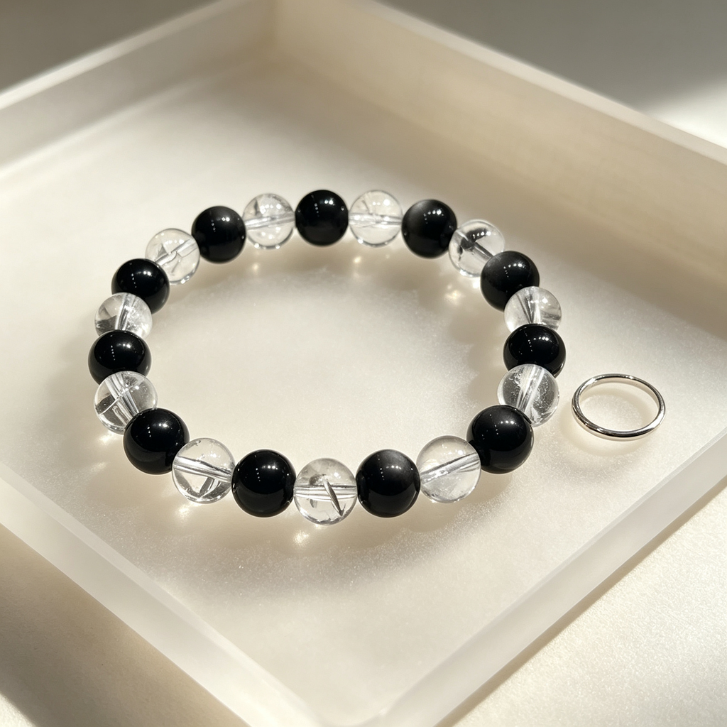 Silver Obsidian & Clear Azeztulite Bracelet | Protective Crystal Bracelet for Anxiety & Clear Path